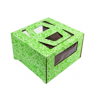 Упаковка для торта с окном и ручкой - "С зеленым орнаментом, 30х30х19 см." (SP GOF*)(Упаковка 1 шт.) фото 9770