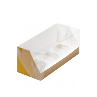Упаковка для капкейков с прозрачной крышкой  - "Золото, мат 3 ячейки, 24х10х10 см." (Упаковка 1 шт.) фото 9012
