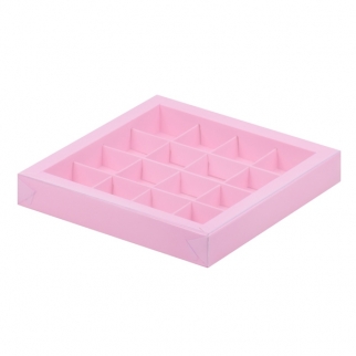 Упаковка для конфет с прозрачной крышкой - "Розовая, мат. 16 ячеек, 20х20х3 см." (Упаковка 1 шт.) фото 12689