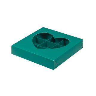 Упаковка для конфет с окном в виде сердца - "Зеленая, мат. 9 ячеек" (Упаковка 1 шт.) фото 11579