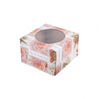 Упаковка для торта с окном - "Роза на белом, гофра, 30х30х19 см." (Упаковка 1 шт.) фото 7142