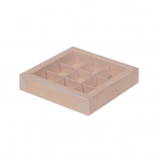 Упаковка для конфет с прозрачной крышкой - "Крафт, 9 ячеек, 15,5х15,5х3 см." (Упаковка 1 шт.) фото 10233