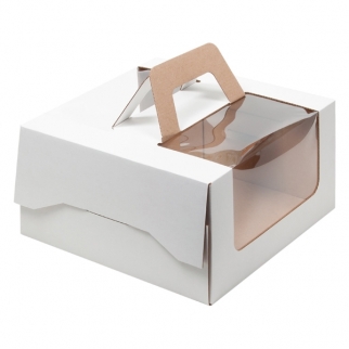 Упаковка для торта с окном и ручкой - "Белая, гофра, 26х26х14 см." (Упаковка 1 шт.) фото 12796