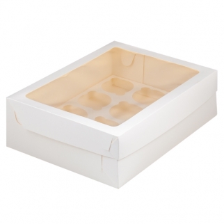 Упаковка для капкейков с прямоугольным окном - "Белая, 12 ячеек, 32х23,5х10 см." (Упаковка 1 шт.) фото 12594
