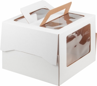 Упаковка для торта с окном и ручкой - "Белая, гофра, 22х22х20 см." (Упаковка 1 шт.) фото 12106