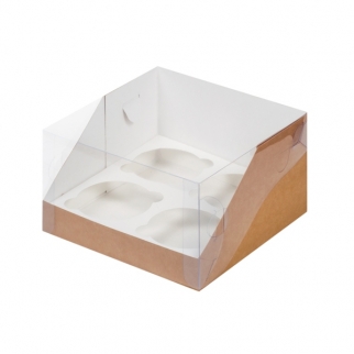 Упаковка для капкейков с прозрачной крышкой  - "Крафт, 4 ячейки, 16х16х10 см." (Упаковка 1 шт.) фото 8261