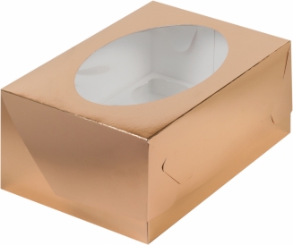 Упаковка для капкейков с круглым окном - "Золото, 6 ячеек", 23,5х16х10 см. (Упаковка 1 шт.) фото 5674