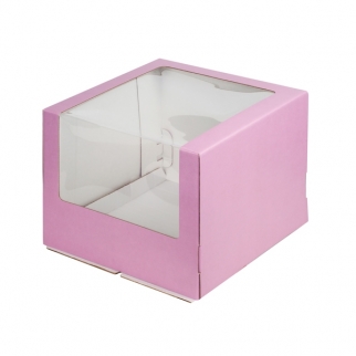 Упаковка для торта с окном - "Розовая, гофра, 26х26х21 см." (Упаковка 1 шт.) фото 6814