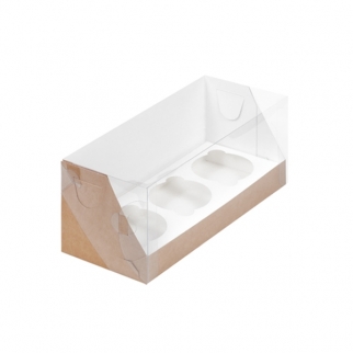 Упаковка для капкейков с прозрачной крышкой  - "Крафт, 3 ячейки, 24х10х10 см." (Упаковка 1 шт.) фото 9014