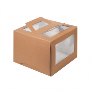 Упаковка для торта с окном и ручкой - "Крафт, гофра, 26х26х20 см." (019021-РК) (Упаковка 1 шт.) фото 7141
