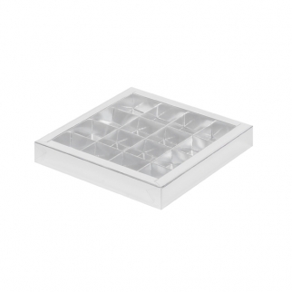 Упаковка для конфет с прозрачной крышкой - "Серебро, 16 ячеек, 20х20х3 см." (Упаковка 1 шт.) фото 11221
